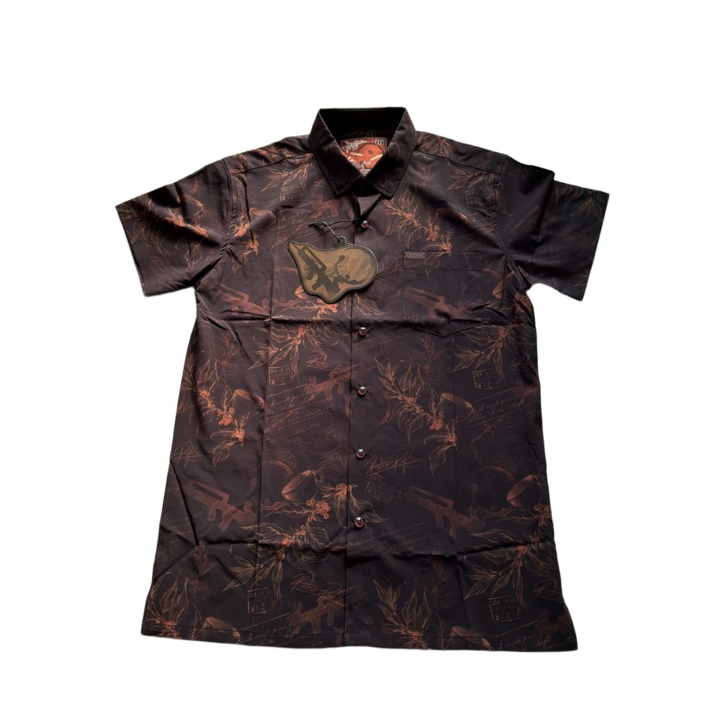 Retro Rifle Le Cafe Dark Roast Button Down Shirt Mens M Brown Coffee Print NWT